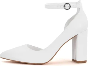 Women's Closed Toe Pumps 3-Inch Chunky Heels Pumps Ankle Strap Dress Wedding Shoes