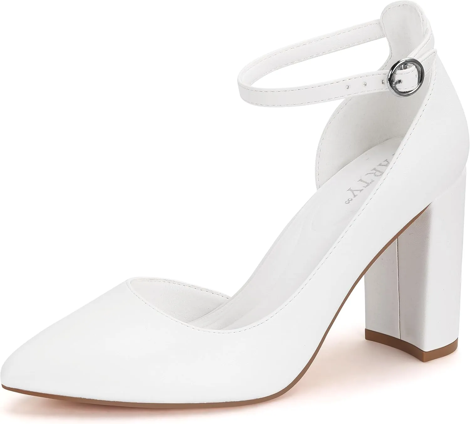 Women's Closed Toe Pumps 3-Inch Chunky Heels Pumps Ankle Strap Dress Wedding Shoes