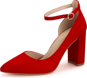 Women's Closed Toe Pumps 3-Inch Chunky Heels Pumps Ankle Strap Dress Wedding Shoes