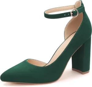 Women's Closed Toe Pumps 3-Inch Chunky Heels Pumps Ankle Strap Dress Wedding Shoes