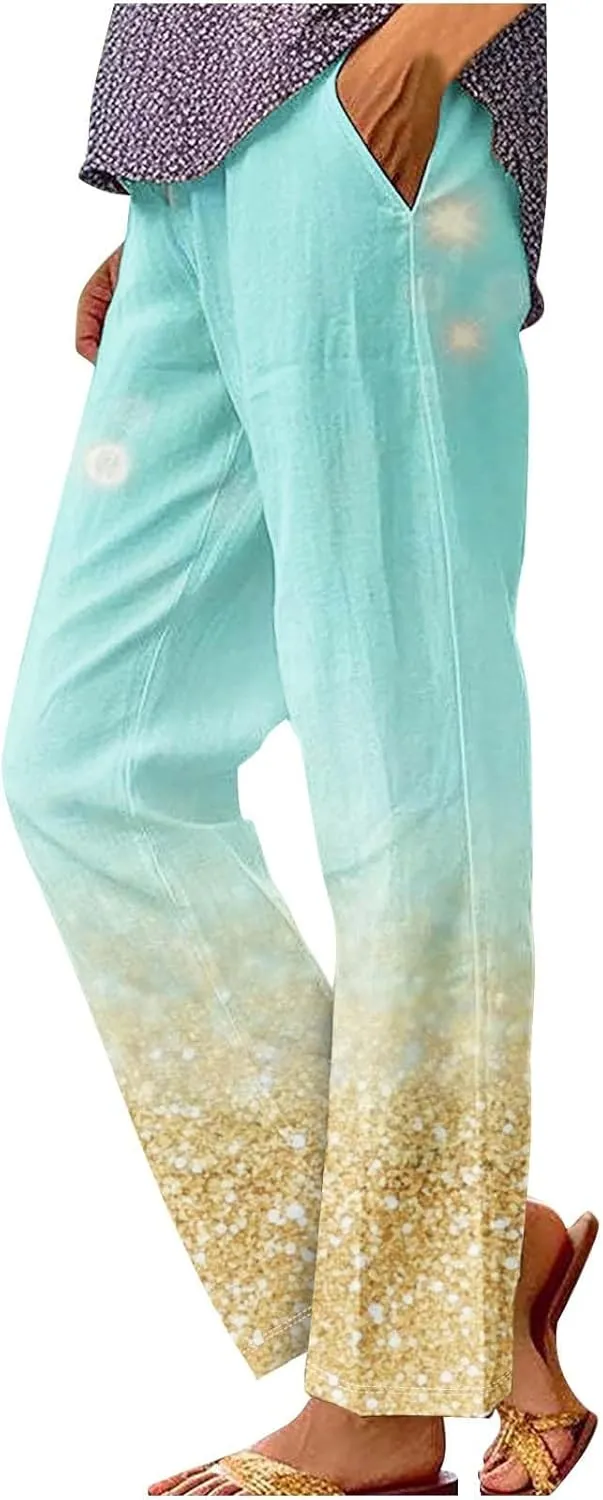 Womens Cotton Linen Pants Elastic High Waist Straight Leg Loose Comfy Lounge Pants Casual Slacks Summer Trousers