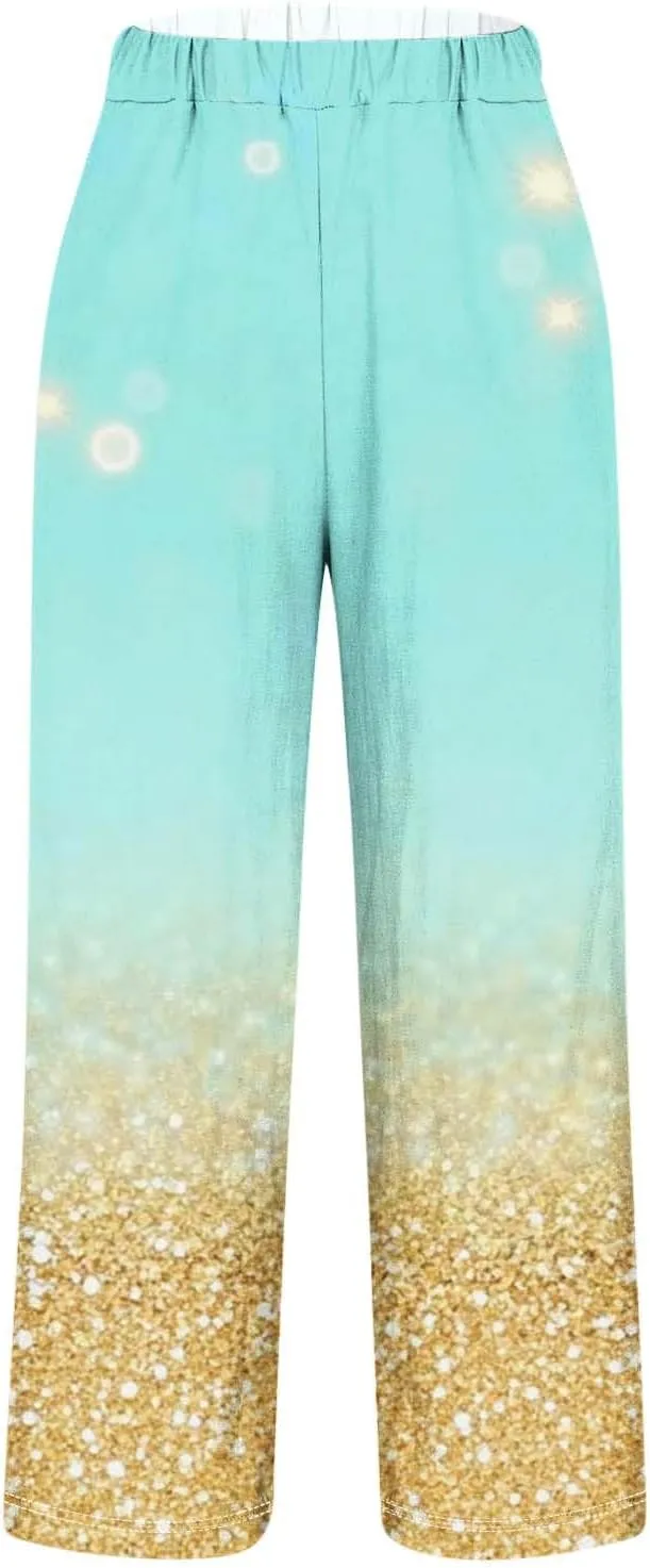 Womens Cotton Linen Pants Elastic High Waist Straight Leg Loose Comfy Lounge Pants Casual Slacks Summer Trousers