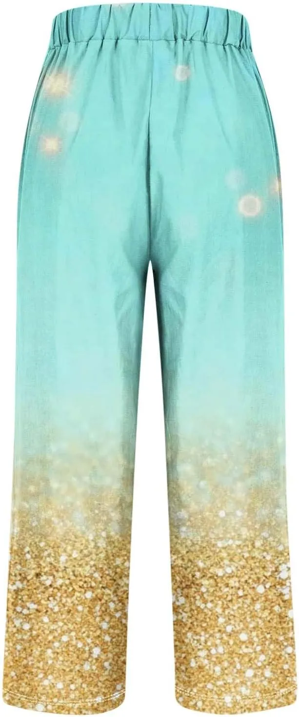 Womens Cotton Linen Pants Elastic High Waist Straight Leg Loose Comfy Lounge Pants Casual Slacks Summer Trousers