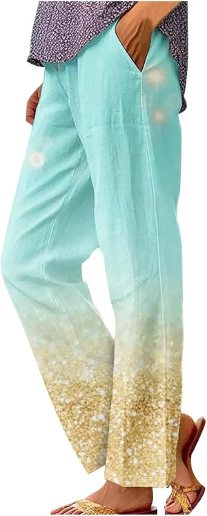 Womens Cotton Linen Pants Elastic High Waist Straight Leg Loose Comfy Lounge Pants Casual Slacks Summer Trousers