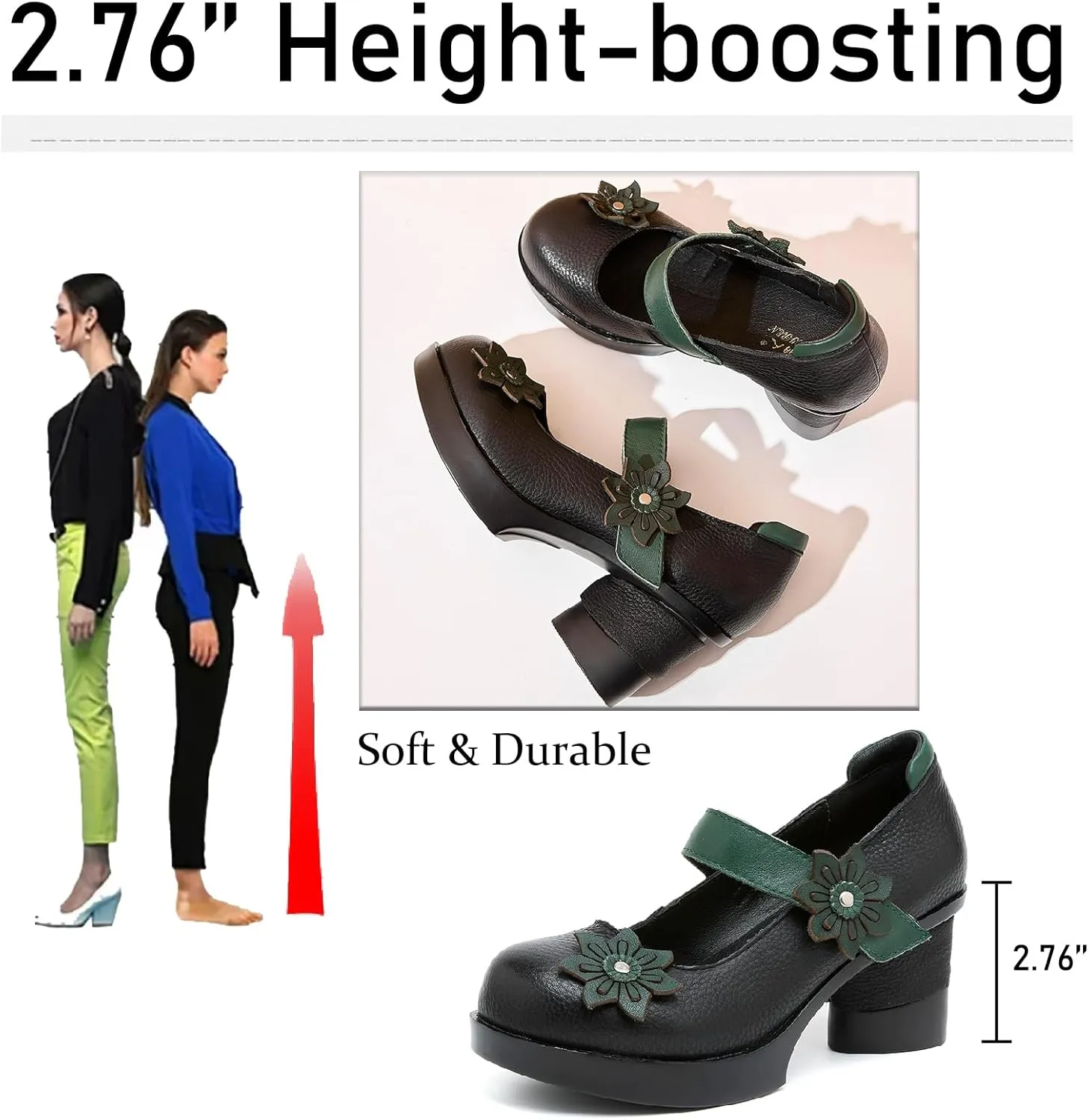 Women's Cow Leather Flowers Block Heel Mary Janes Pumps with Hook Loop Retro Comfortable Closed Round Toe Anti-Slip Platform Chunky High Heels Sandals for Prom Party Wedding
