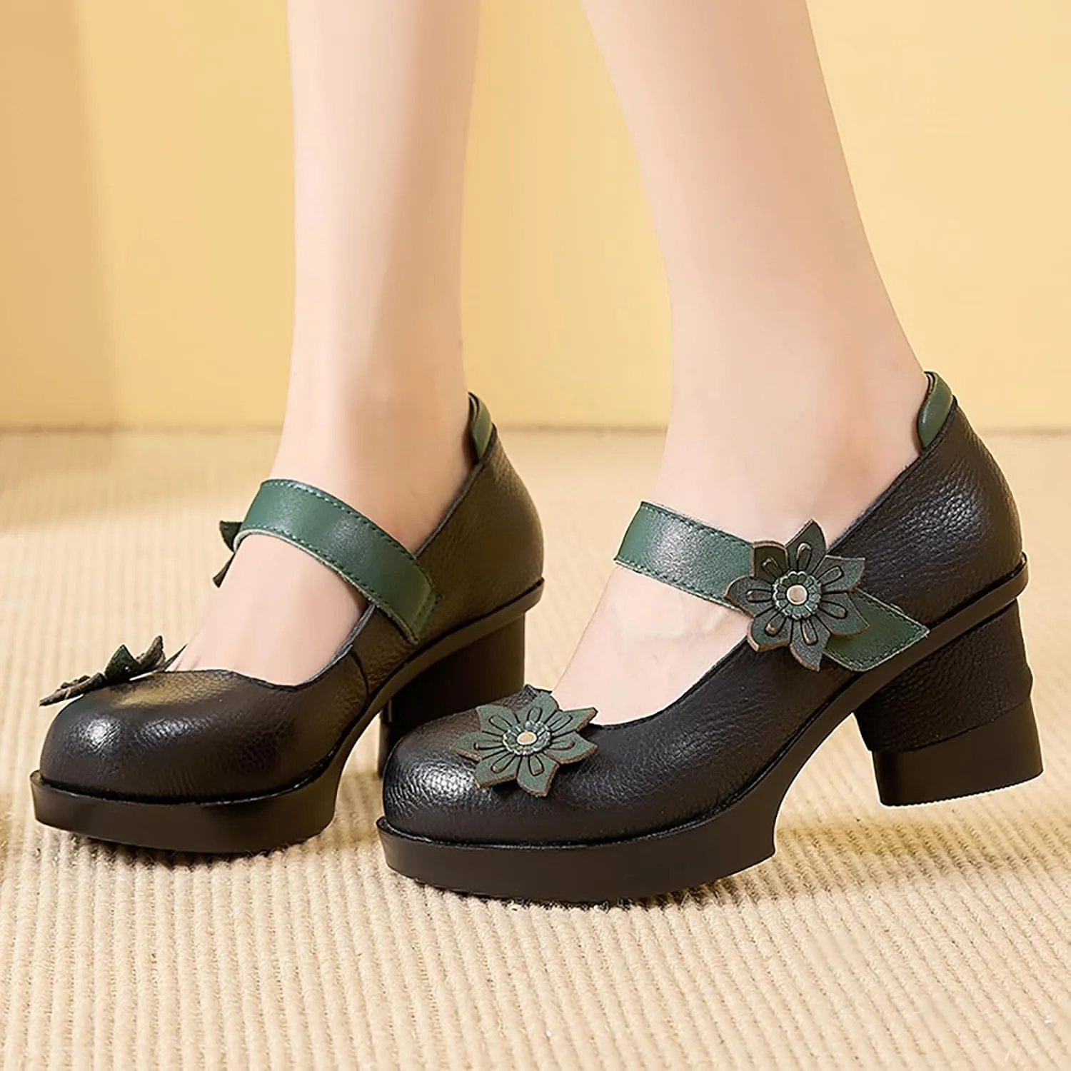 Women's Cow Leather Flowers Block Heel Mary Janes Pumps with Hook Loop Retro Comfortable Closed Round Toe Anti-Slip Platform Chunky High Heels Sandals for Prom Party Wedding