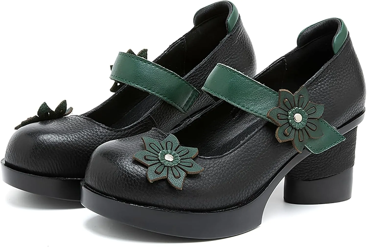 Women's Cow Leather Flowers Block Heel Mary Janes Pumps with Hook Loop Retro Comfortable Closed Round Toe Anti-Slip Platform Chunky High Heels Sandals for Prom Party Wedding