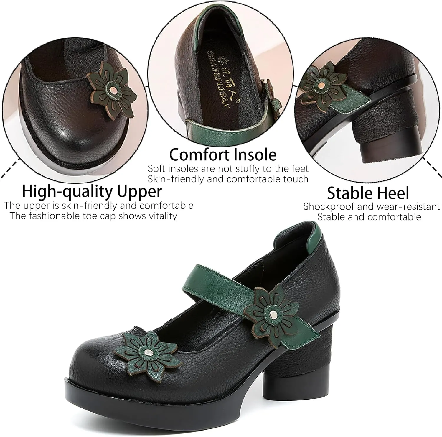 Women's Cow Leather Flowers Block Heel Mary Janes Pumps with Hook Loop Retro Comfortable Closed Round Toe Anti-Slip Platform Chunky High Heels Sandals for Prom Party Wedding