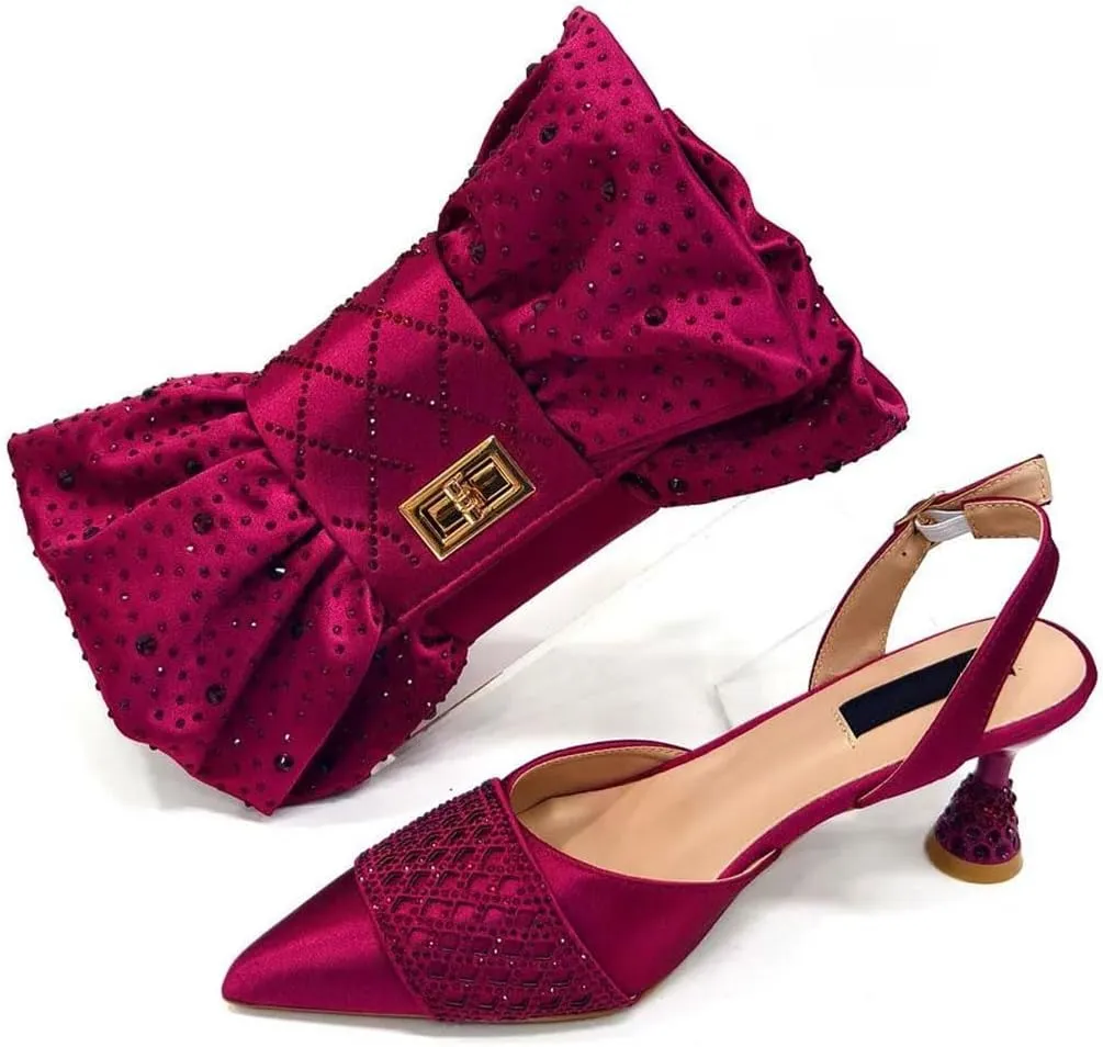 Women's Fashion Butterfly-Knot Heeled Shoes and Bag Set with Pointed Toe Spike Heel Slingbacks for Party