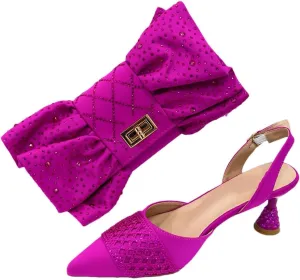 Women's Fashion Butterfly-Knot Heeled Shoes and Bag Set with Pointed Toe Spike Heel Slingbacks for Party