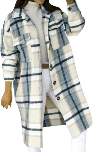 Womens Flannel Shacket Jacket Casual Long Sleeve Button Down Plaid Shirt Oversized Fall Winter Long Coats