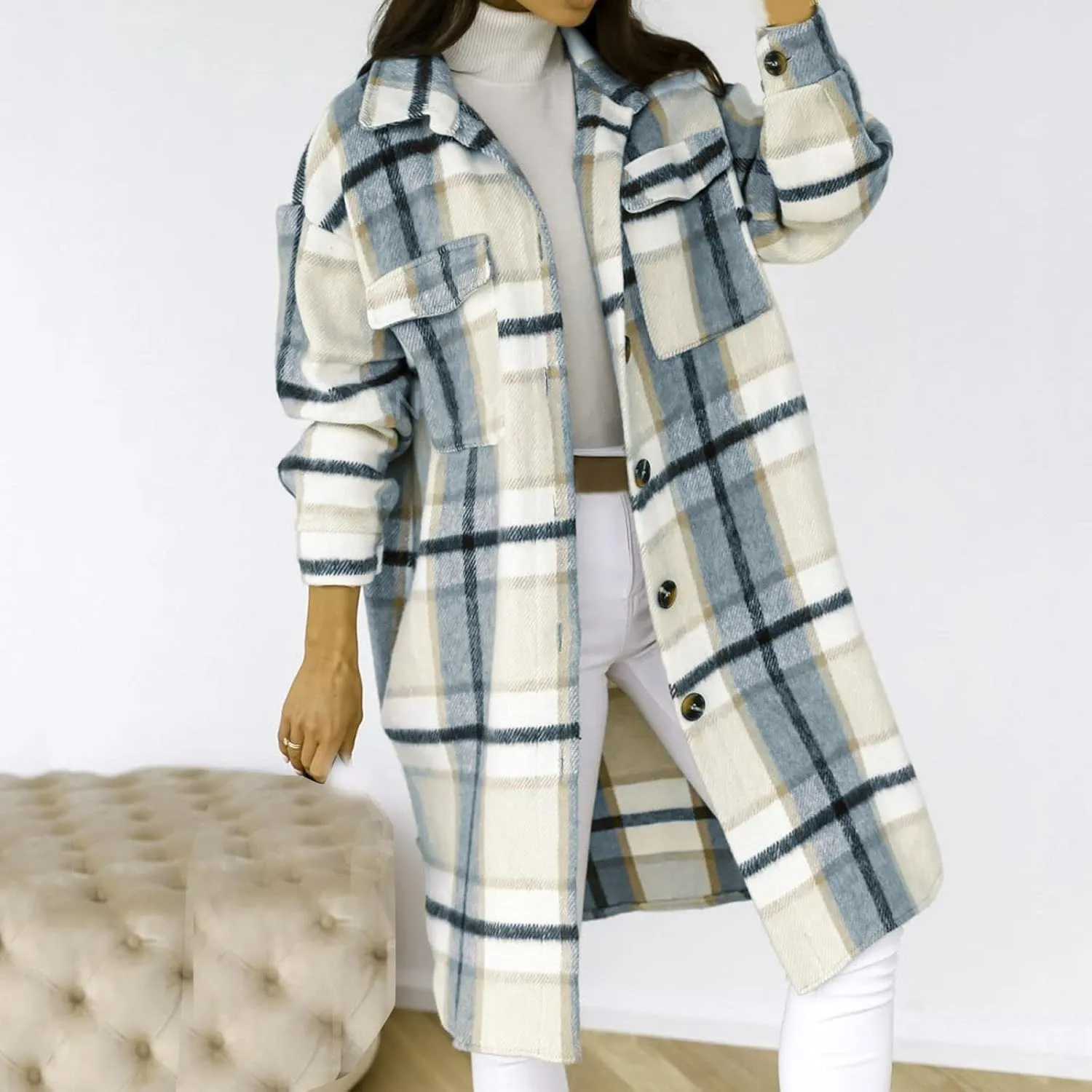Womens Flannel Shacket Jacket Casual Long Sleeve Button Down Plaid Shirt Oversized Fall Winter Long Coats