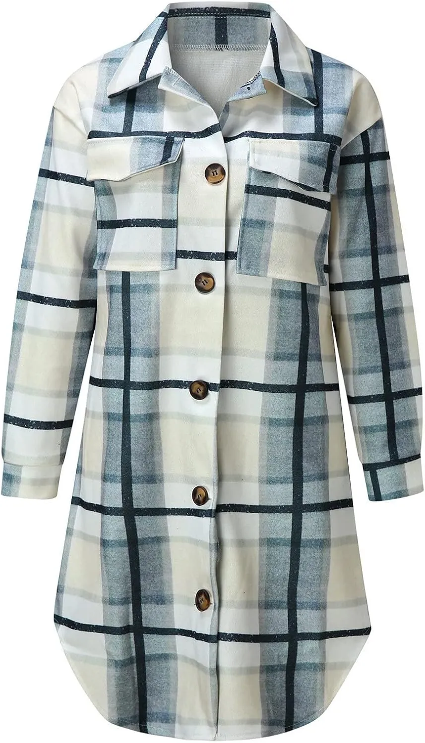 Womens Flannel Shacket Jacket Casual Long Sleeve Button Down Plaid Shirt Oversized Fall Winter Long Coats