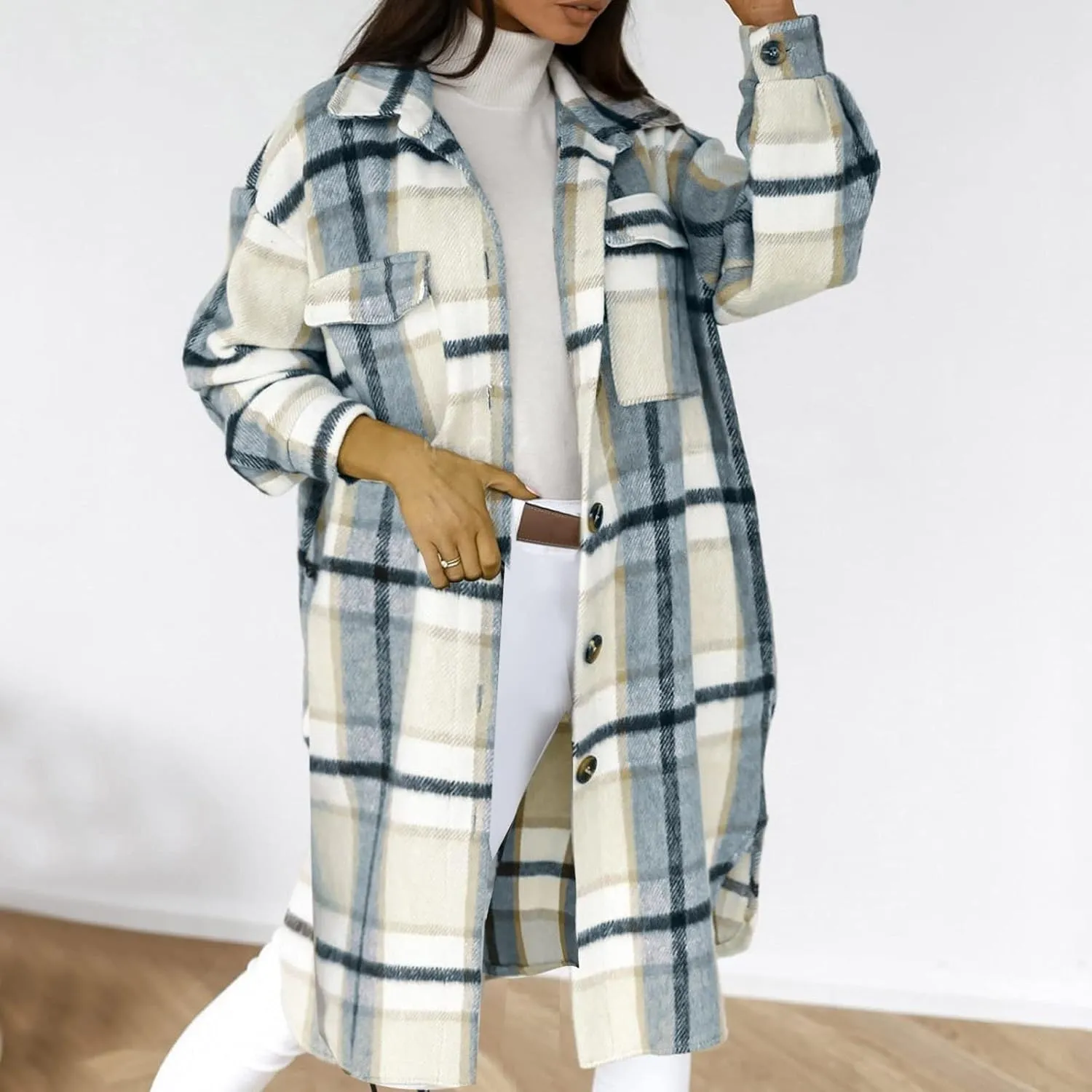 Womens Flannel Shacket Jacket Casual Long Sleeve Button Down Plaid Shirt Oversized Fall Winter Long Coats