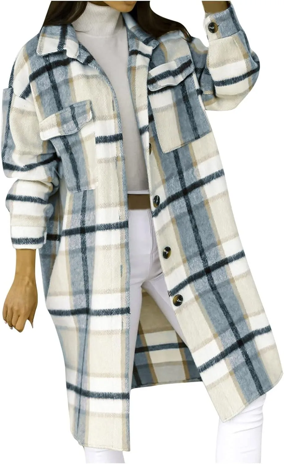 Womens Flannel Shacket Jacket Casual Long Sleeve Button Down Plaid Shirt Oversized Fall Winter Long Coats