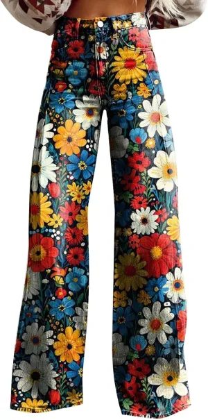 Women's Flare Jeans 2025 Wide Leg Baggy Pant Vintage Floral Print High Waisted Straight Stretch Pants with Pocket