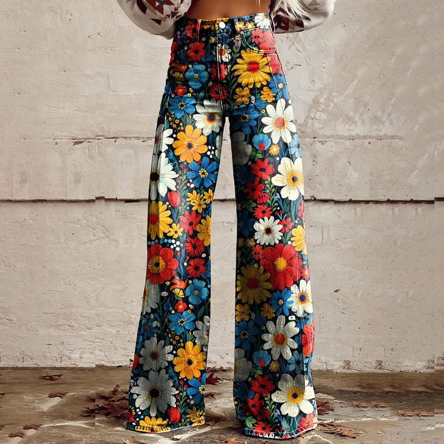 Women's Flare Jeans 2025 Wide Leg Baggy Pant Vintage Floral Print High Waisted Straight Stretch Pants with Pocket