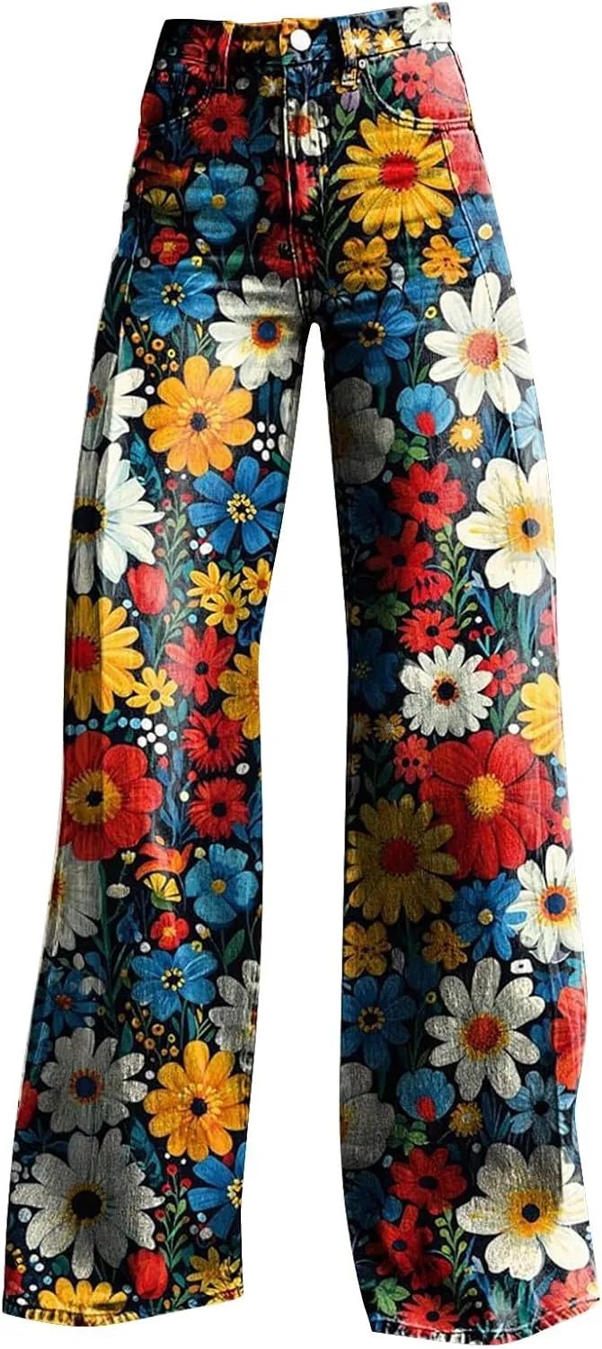 Women's Flare Jeans 2025 Wide Leg Baggy Pant Vintage Floral Print High Waisted Straight Stretch Pants with Pocket