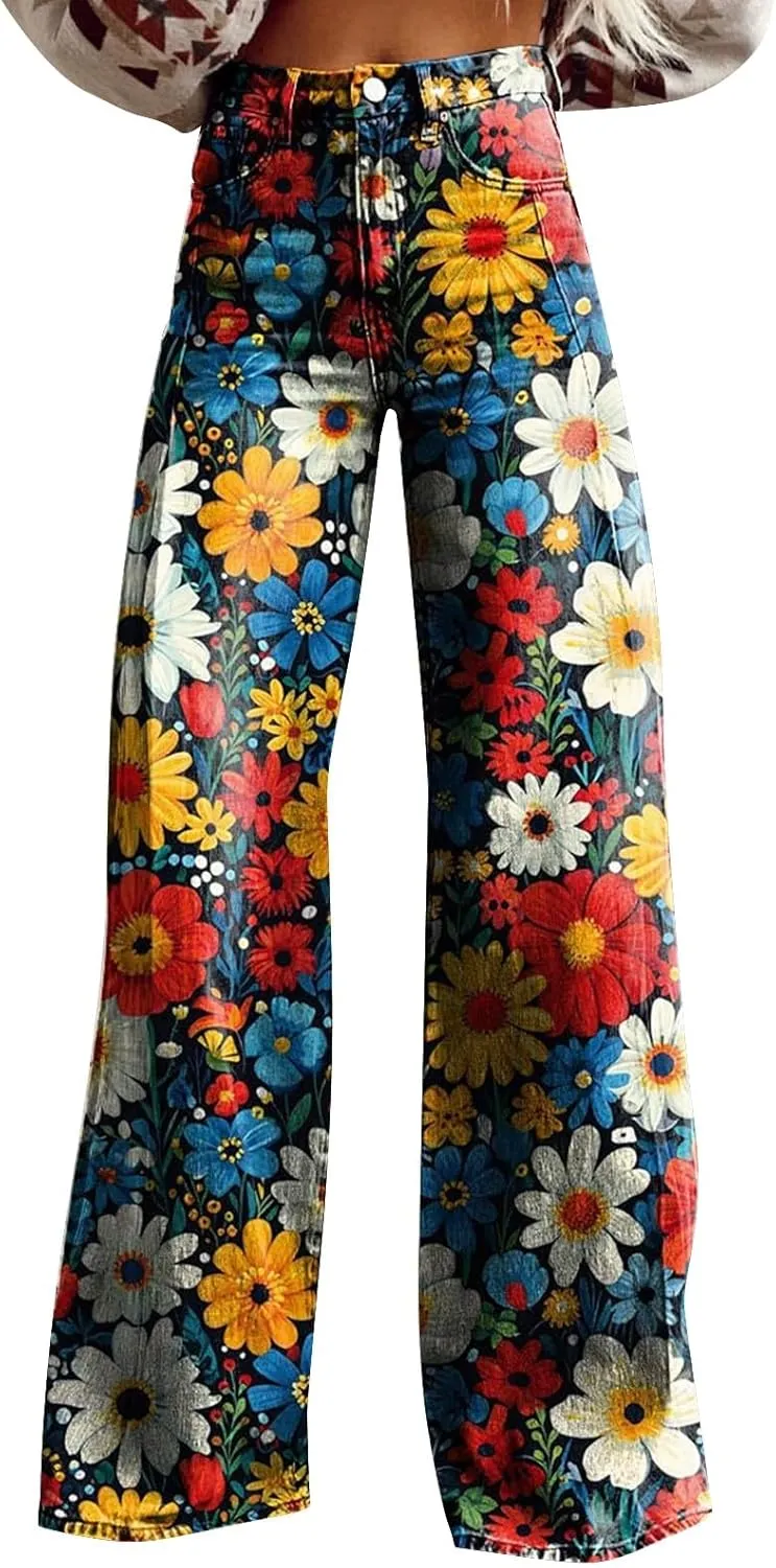 Women's Flare Jeans 2025 Wide Leg Baggy Pant Vintage Floral Print High Waisted Straight Stretch Pants with Pocket