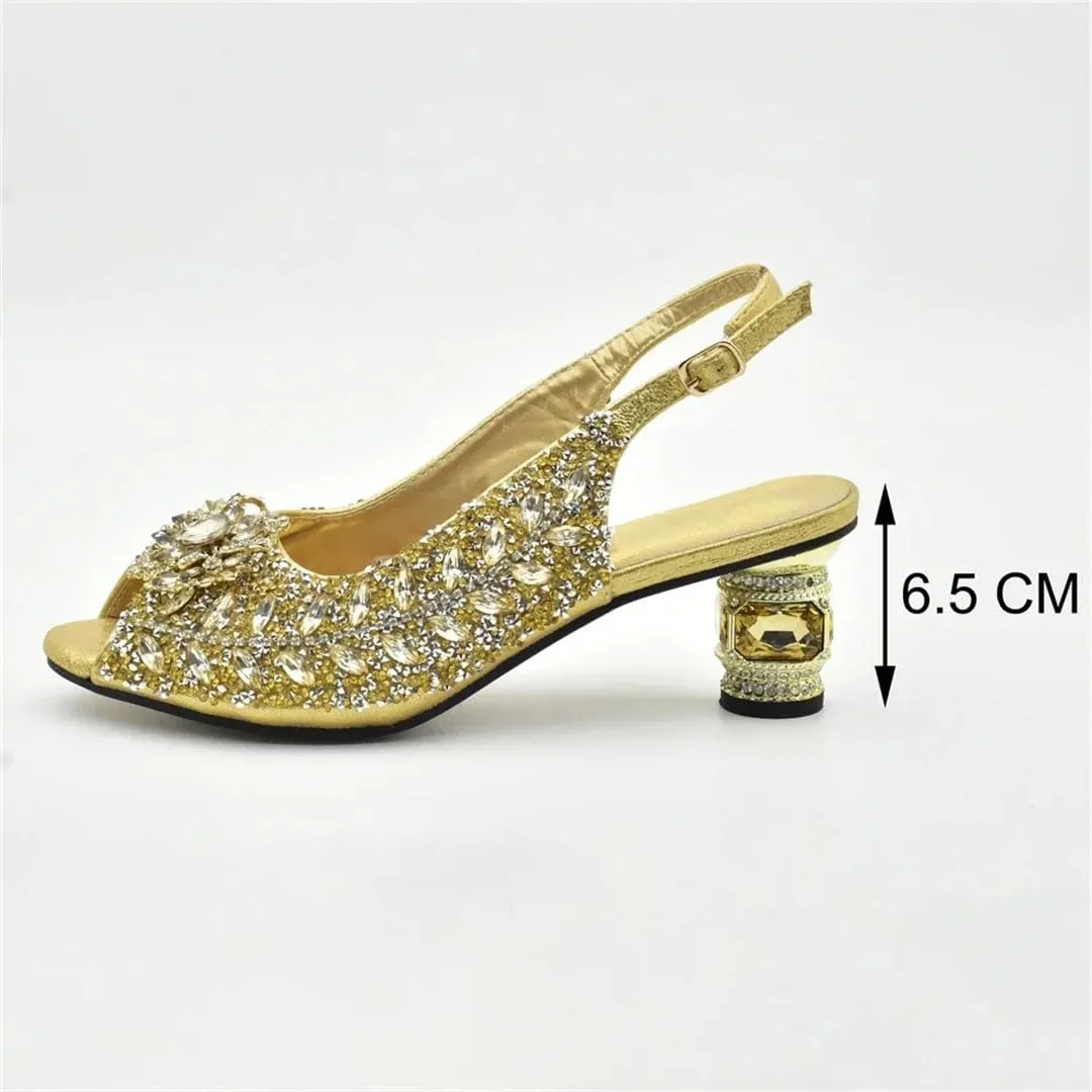 Women's Full Diamond Peep Toe Slingback and Bag Set with Round Heel for Party and Wedding