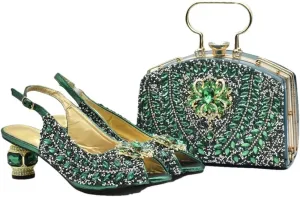 Women's Full Diamond Peep Toe Slingback and Bag Set with Round Heel for Party and Wedding