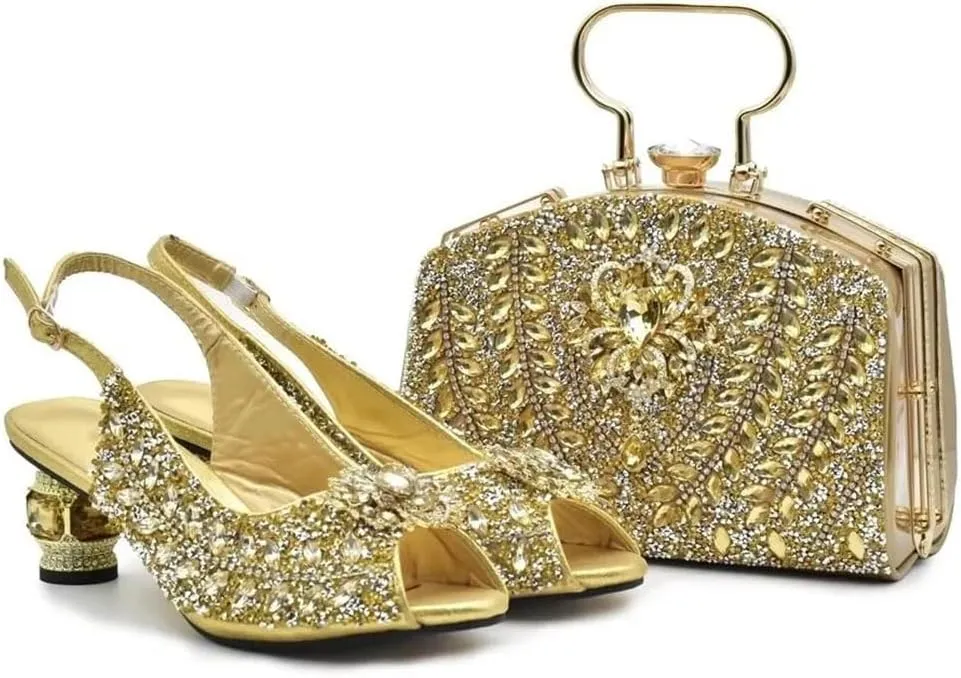 Women's Full Diamond Peep Toe Slingback and Bag Set with Round Heel for Party and Wedding