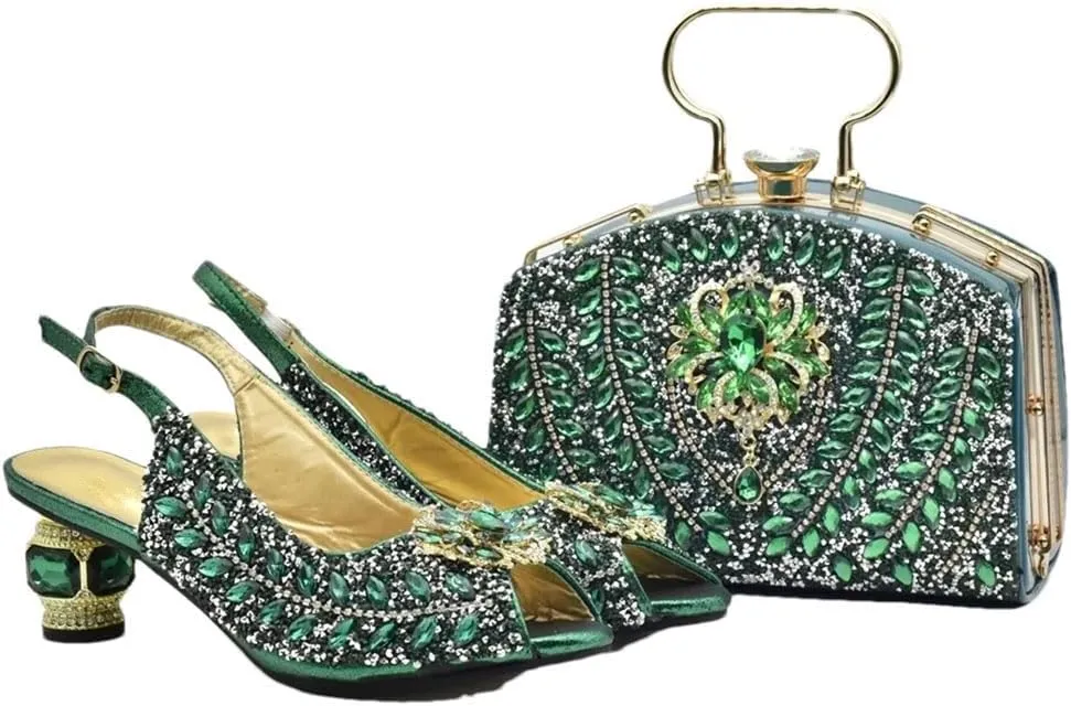 Women's Full Diamond Peep Toe Slingback and Bag Set with Round Heel for Party and Wedding