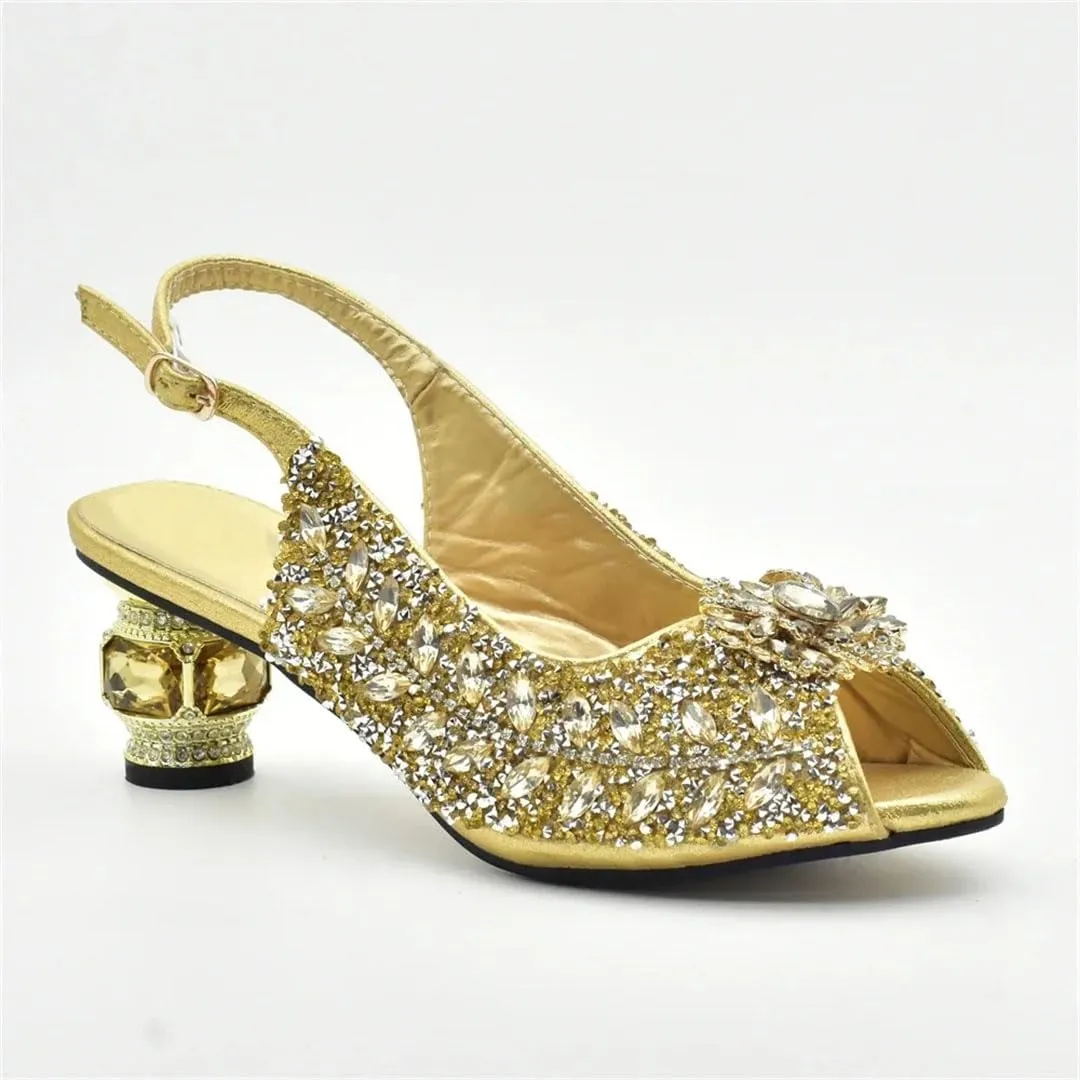 Women's Full Diamond Peep Toe Slingback and Bag Set with Round Heel for Party and Wedding