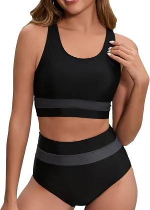 Women's High Waisted Bikini Sets Two Piece Swimsuit Color Block Sporty Athletic Moderate Coverage Bathing Suits