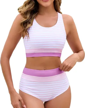 Women's High Waisted Bikini Sets Two Piece Swimsuit Color Block Sporty Athletic Moderate Coverage Bathing Suits