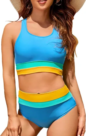 Women's High Waisted Bikini Sets Two Piece Swimsuit Color Block Sporty Athletic Moderate Coverage Bathing Suits