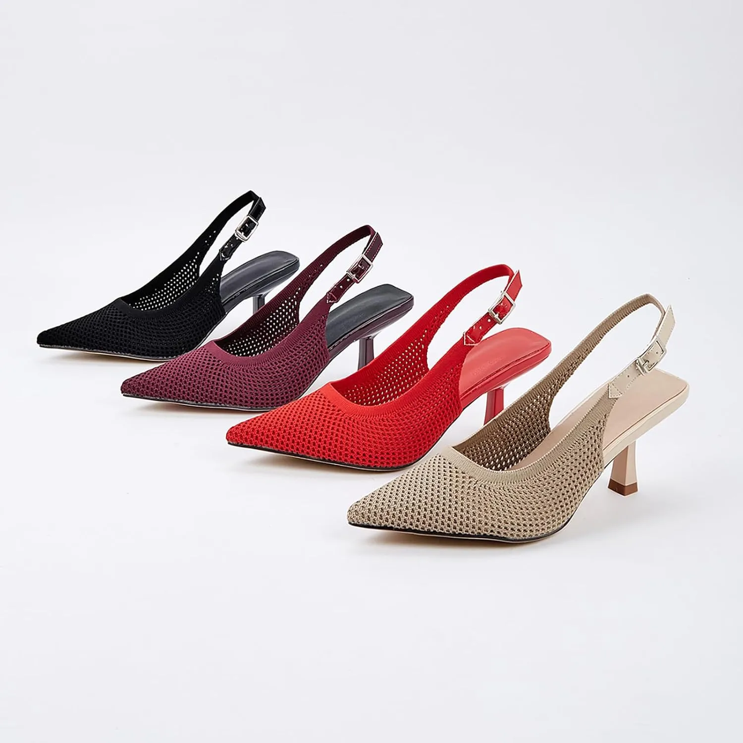 Women's Knitted Pointed Toe Stiletto Slingback Pumps Adjustable Ankle Strap Closed Toe Sexy Kitten Heel Dress Sandals Shoes for Office Wedding Party