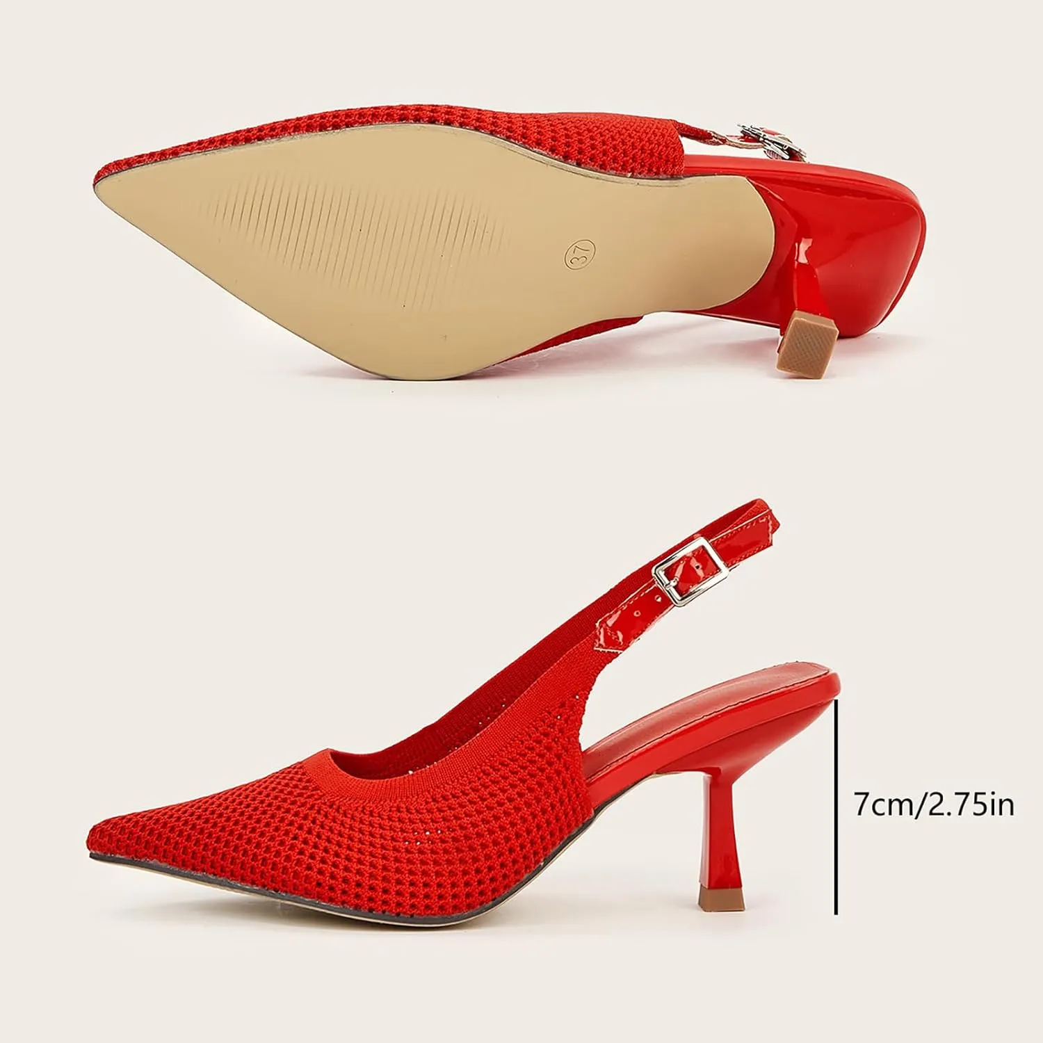 Women's Knitted Pointed Toe Stiletto Slingback Pumps Adjustable Ankle Strap Closed Toe Sexy Kitten Heel Dress Sandals Shoes for Office Wedding Party