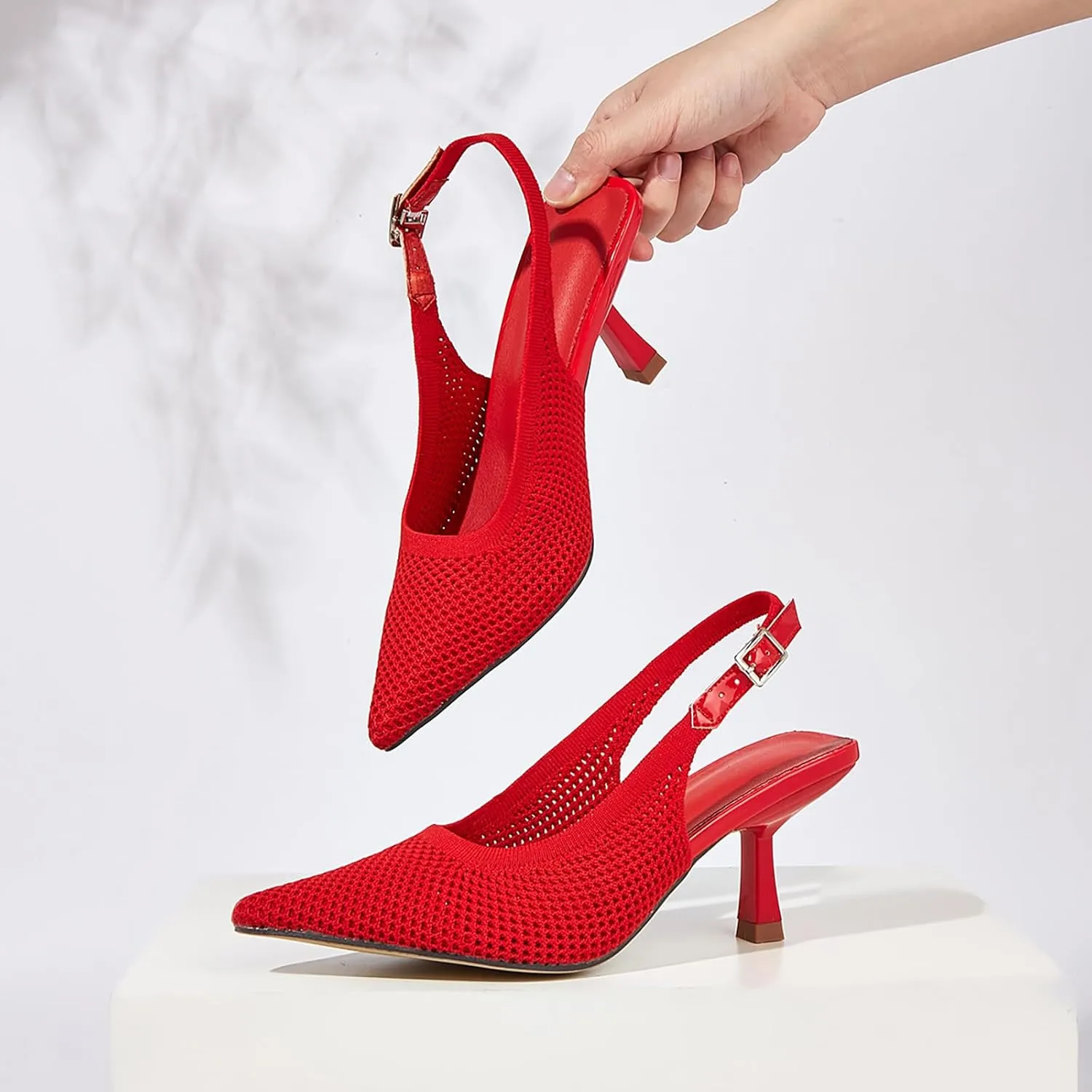 Women's Knitted Pointed Toe Stiletto Slingback Pumps Adjustable Ankle Strap Closed Toe Sexy Kitten Heel Dress Sandals Shoes for Office Wedding Party