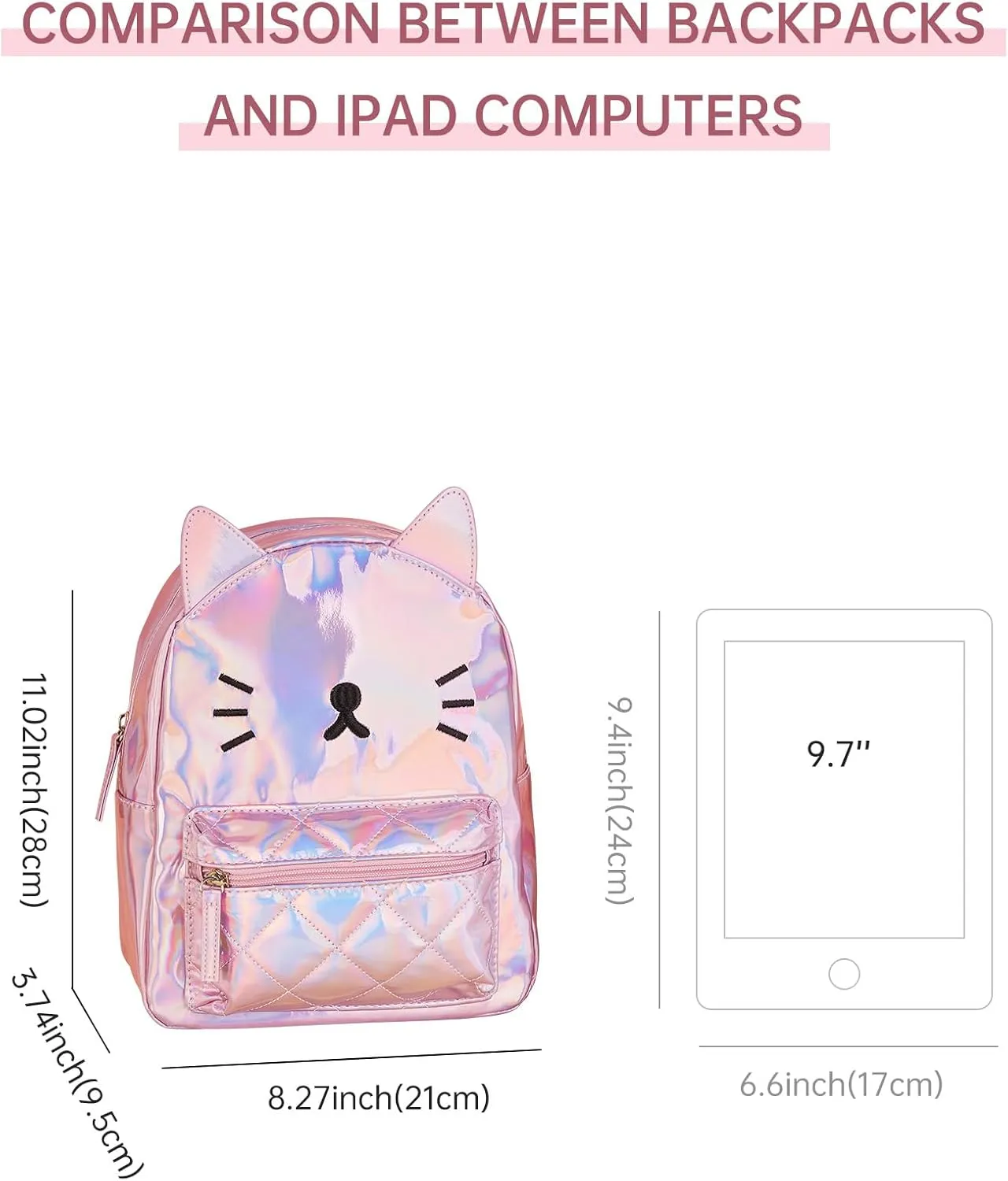 Women's Laser Holographic Backpack Cute Hologram Shoulder Bag Casual Daypack Purse Christmas Birthday Gift,Pink Cat