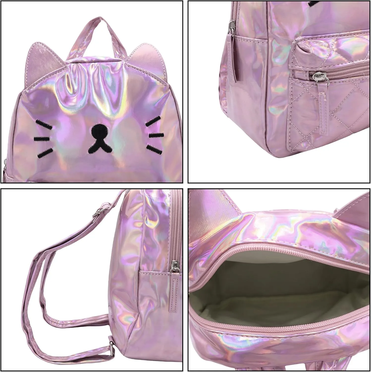 Women's Laser Holographic Backpack Cute Hologram Shoulder Bag Casual Daypack Purse Christmas Birthday Gift,Pink Cat