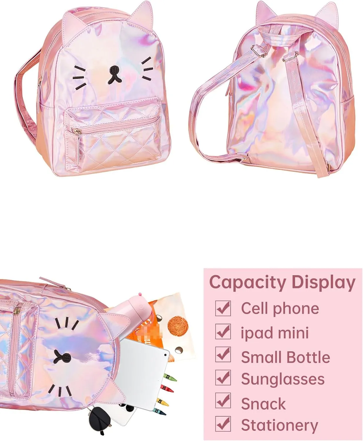 Women's Laser Holographic Backpack Cute Hologram Shoulder Bag Casual Daypack Purse Christmas Birthday Gift,Pink Cat