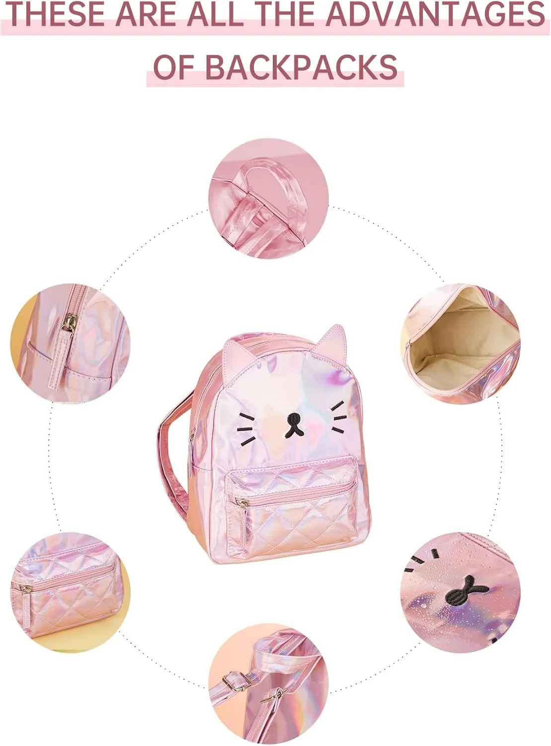 Women's Laser Holographic Backpack Cute Hologram Shoulder Bag Casual Daypack Purse Christmas Birthday Gift,Pink Cat