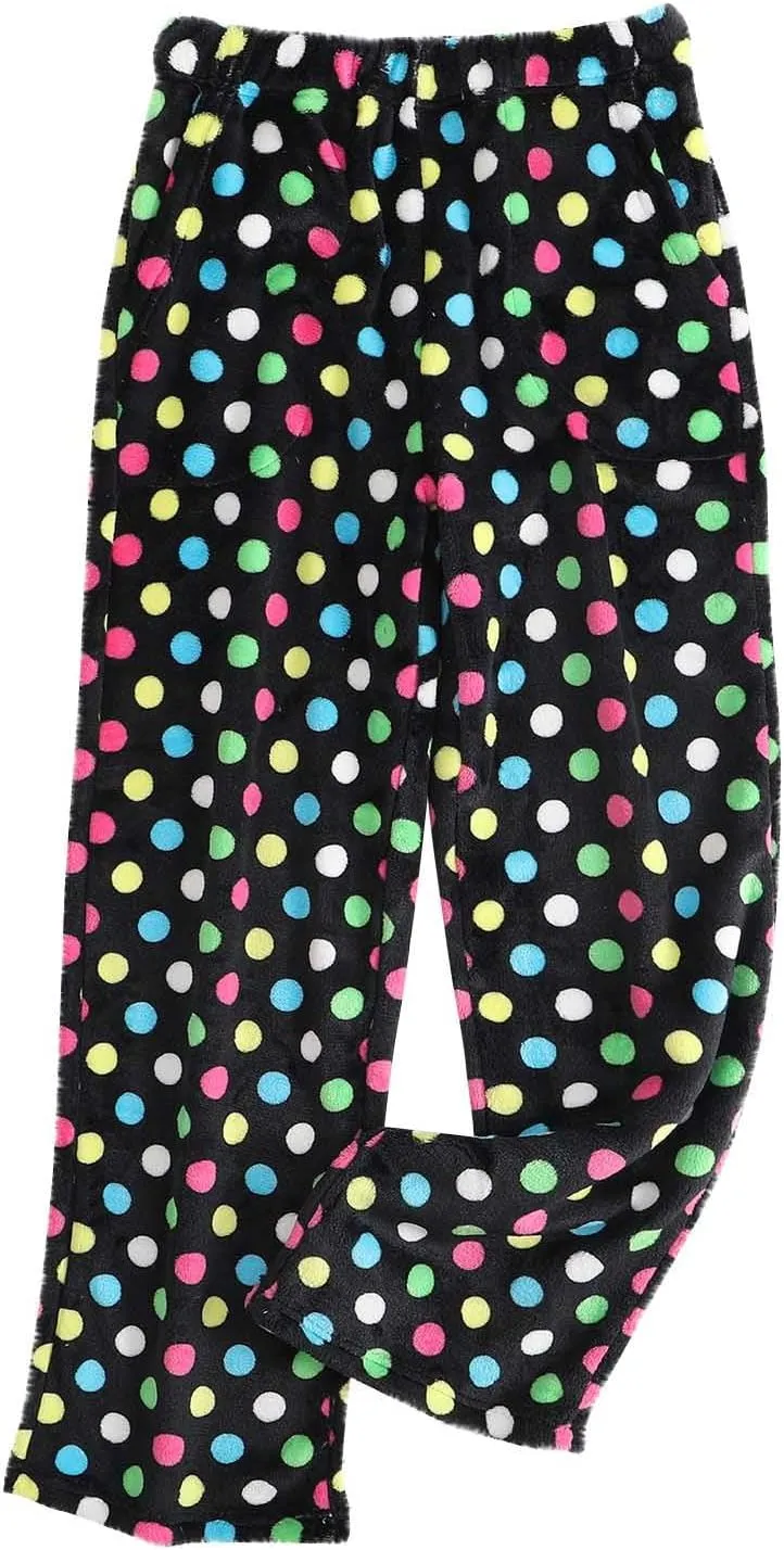 Womens Polka Dot Print Plush Pajama Pants Winter Warm Fleece Fuzzy Pj Bottoms Wide Leg Cozy Lounge Pants Sleepwear