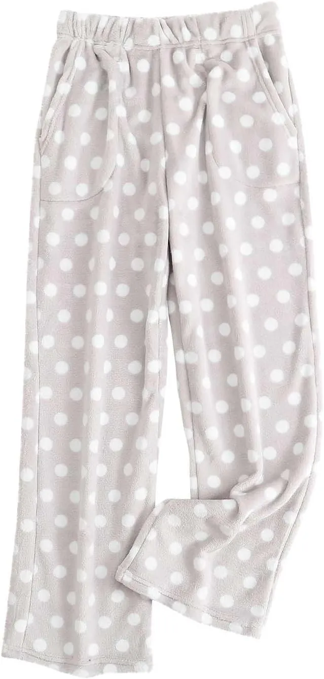 Womens Polka Dot Print Plush Pajama Pants Winter Warm Fleece Fuzzy Pj Bottoms Wide Leg Cozy Lounge Pants Sleepwear