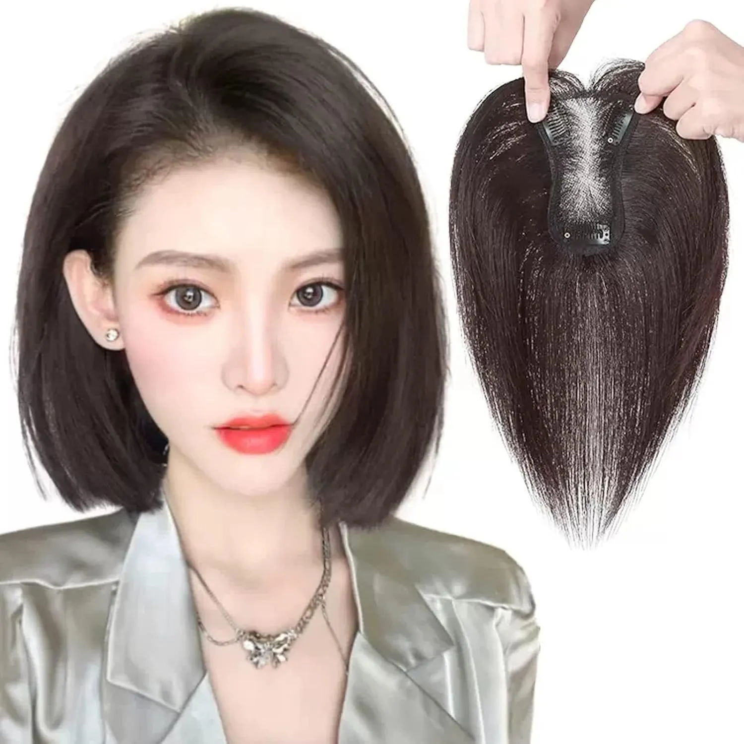 Women's Wig Wig Girls Head Patch White Hair Real Hair Thin Fluffy Increase Hair Volume Wig Piece Women's Wigs Hair Piece(07-(7-8) 30CM-black)