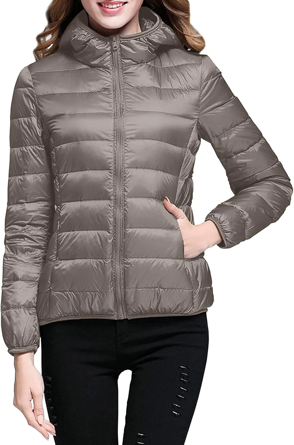 Women's Winter Zip Puffer Jacket Lightweight Packable Hooded Puffer Jacket Warm Down Coats Waterproof Ski Jackets