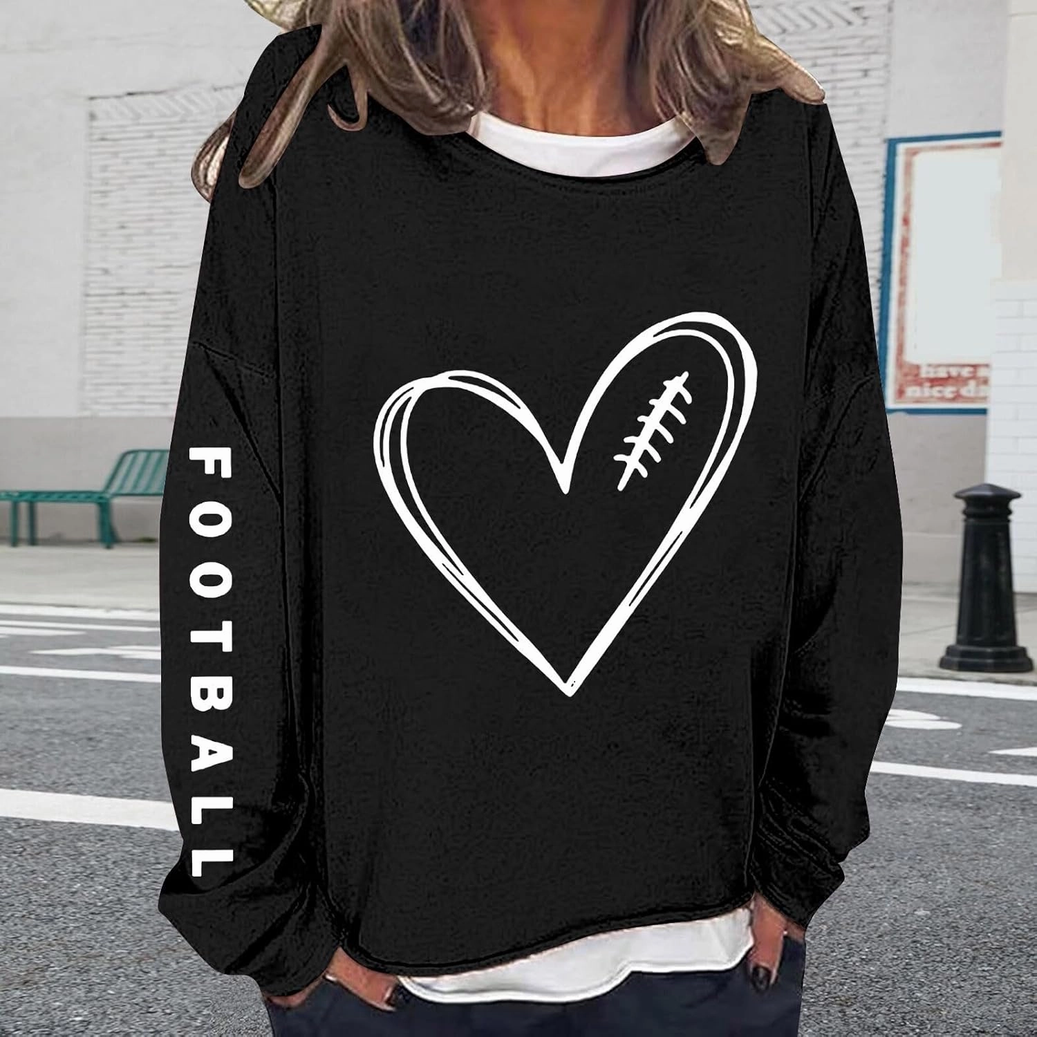 Womens Football Sequin Y2k Sweatshirt Lover Gift Loose Casual Long Sleeve Sweatshirt Tops Football Rugby Game Day