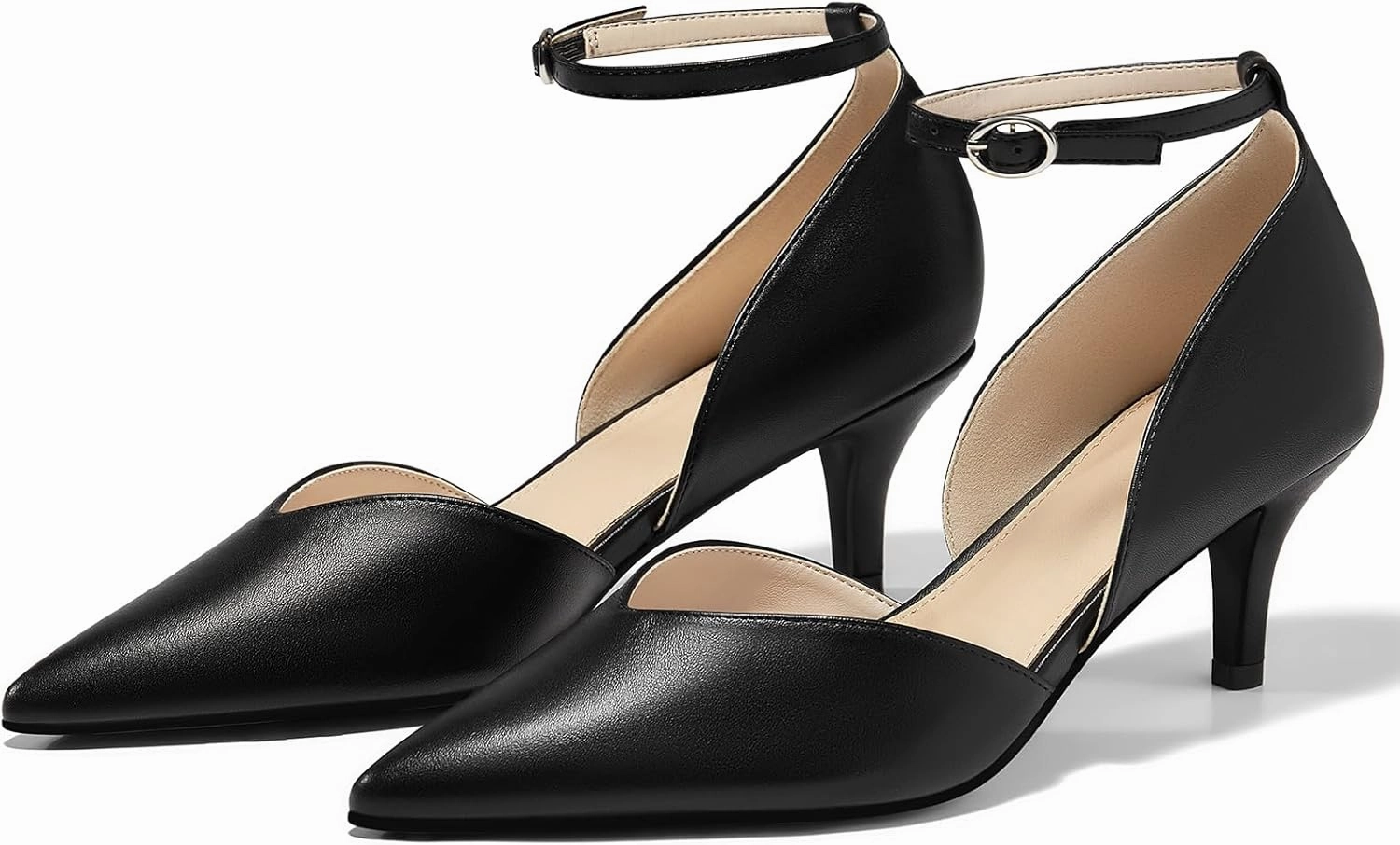 Womens Kitten Heels Comfortable Low Heel Dress Shoes Pointed Toe Ankle Strap Cutout D'Orsay Wedding Party Pumps