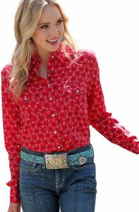 Womens Long Sleeve Print Shirt Red L