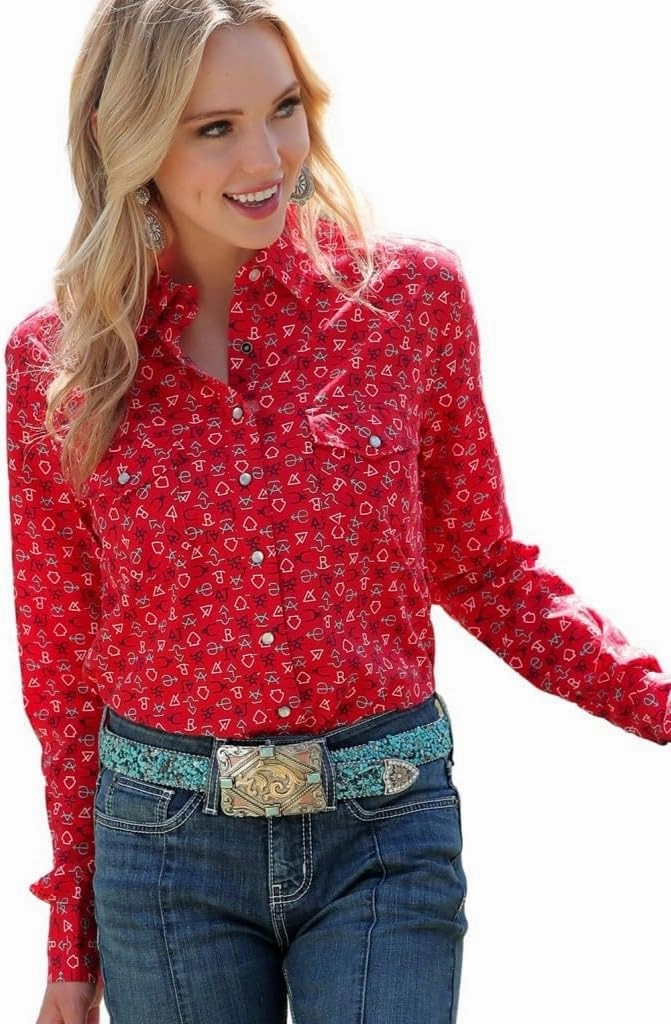 Womens Long Sleeve Print Shirt Red L