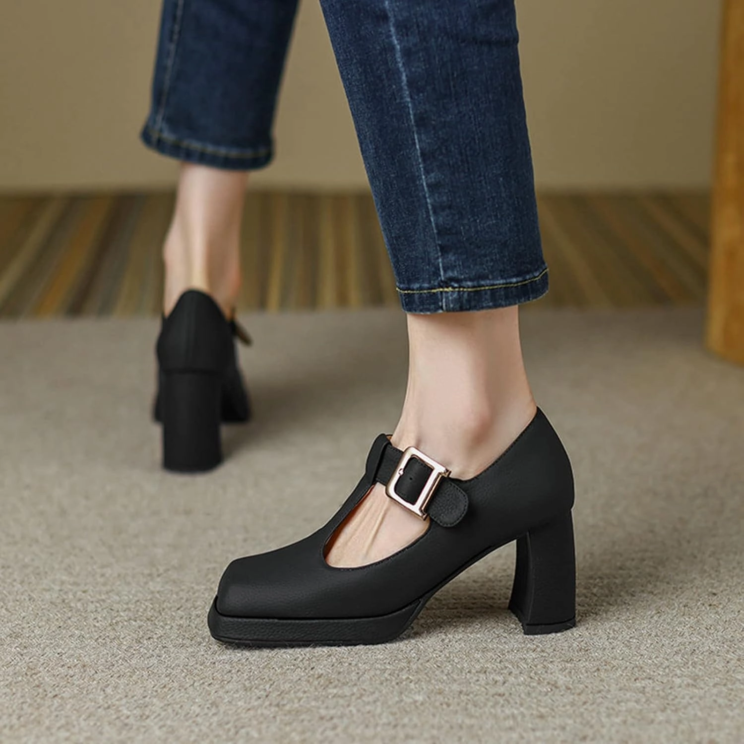 Womens T-Strap Mary Jane Pumps Comfy Leather Buckle Platform Chunky Block Heel Square Toe Dress Shoes