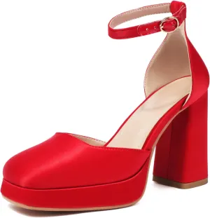 XIEDA Women's Closed Toe Platform Chunky High Block Satin Heels 4 Inch Ankle Strap Party Prom Dress Pumps
