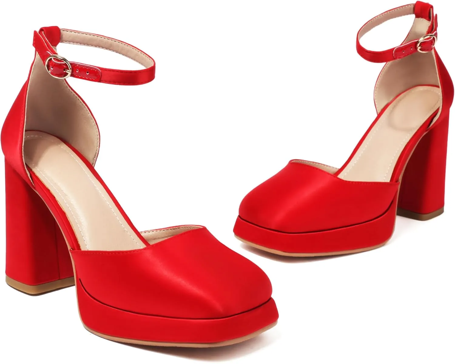 XIEDA Women's Closed Toe Platform Chunky High Block Satin Heels 4 Inch Ankle Strap Party Prom Dress Pumps