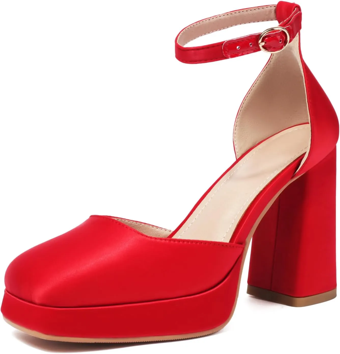 XIEDA Women's Closed Toe Platform Chunky High Block Satin Heels 4 Inch Ankle Strap Party Prom Dress Pumps